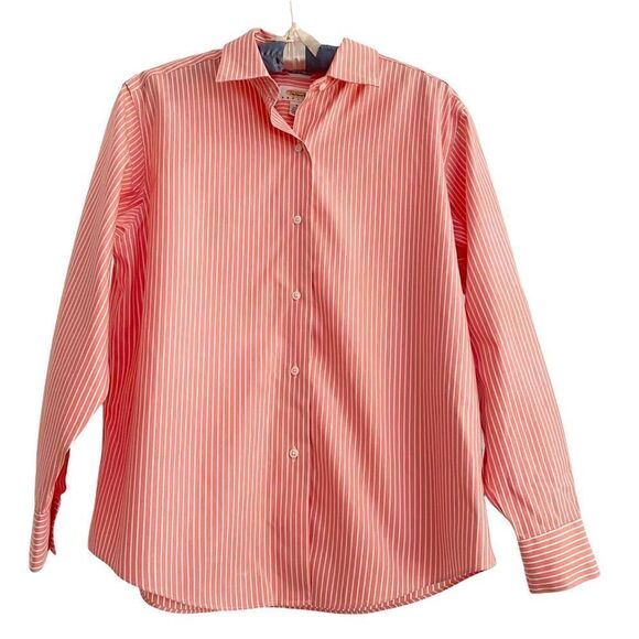 Talbots Petites Wrinkle Resistant Cotton Long Sleeve Blouse Pink + White Stripe - Picture 1 of 6